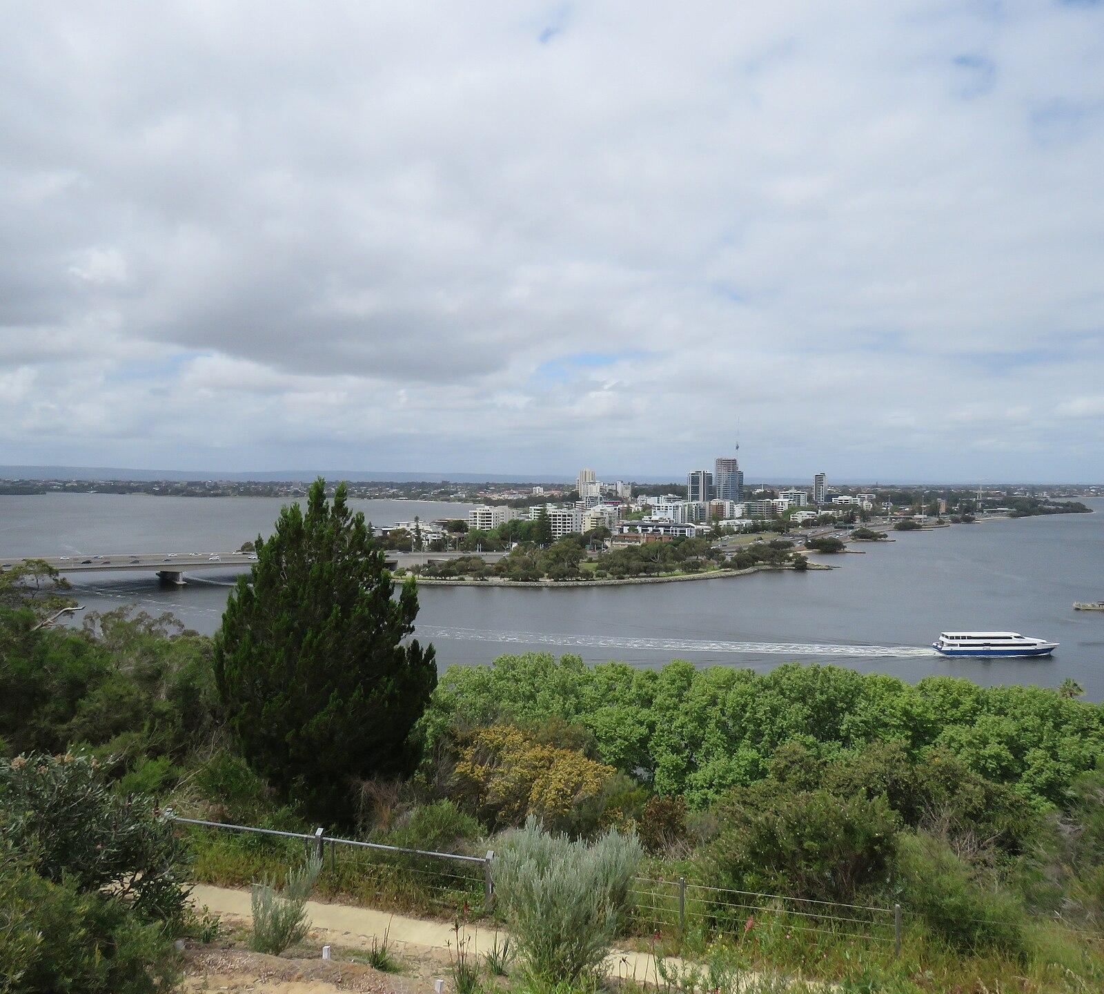 South Perth, Narrows Bridge and Captain Cook Cruise seen from Kings Park, October 2023